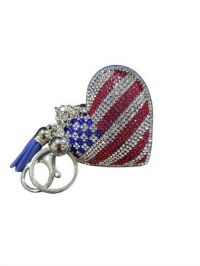 🚨5/$25 Crystal Heart Keychain with American Flag Design - Red, Blue & Silver